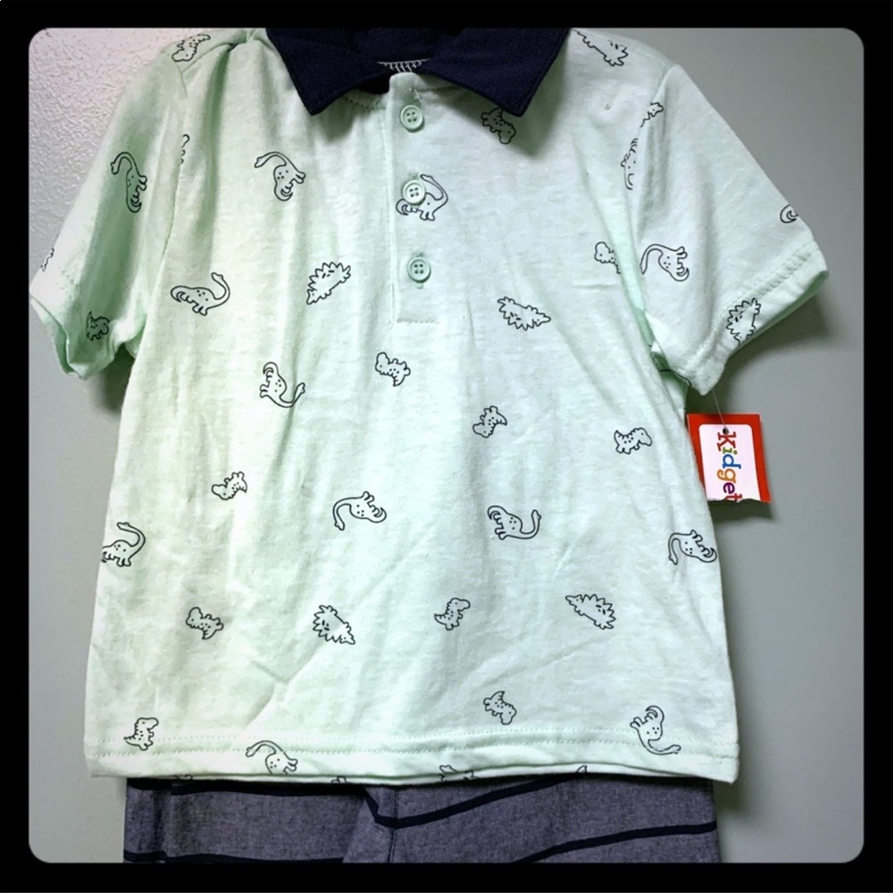 Boys blue and green dinosaur shorts outfit